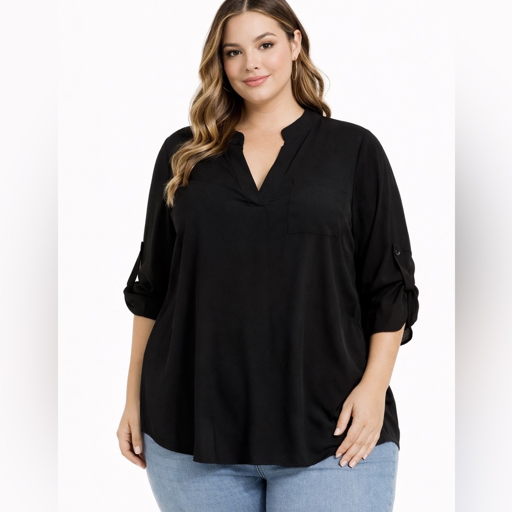 SHEIN Black Blouse | Roll Tab Sleeve | Relaxed Fit | 2X